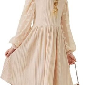 Girls Fall Long Sleeve Knit Dresses Casual Crewneck Swiss Dot A-line Dress 6-15 Years