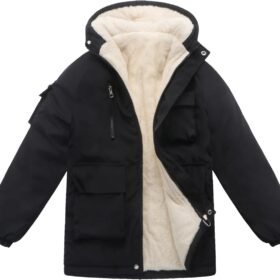 Winter Kids Boys Snow Coats Black Puffer Jacket Hooded Clothes Fleece-Lined Wear