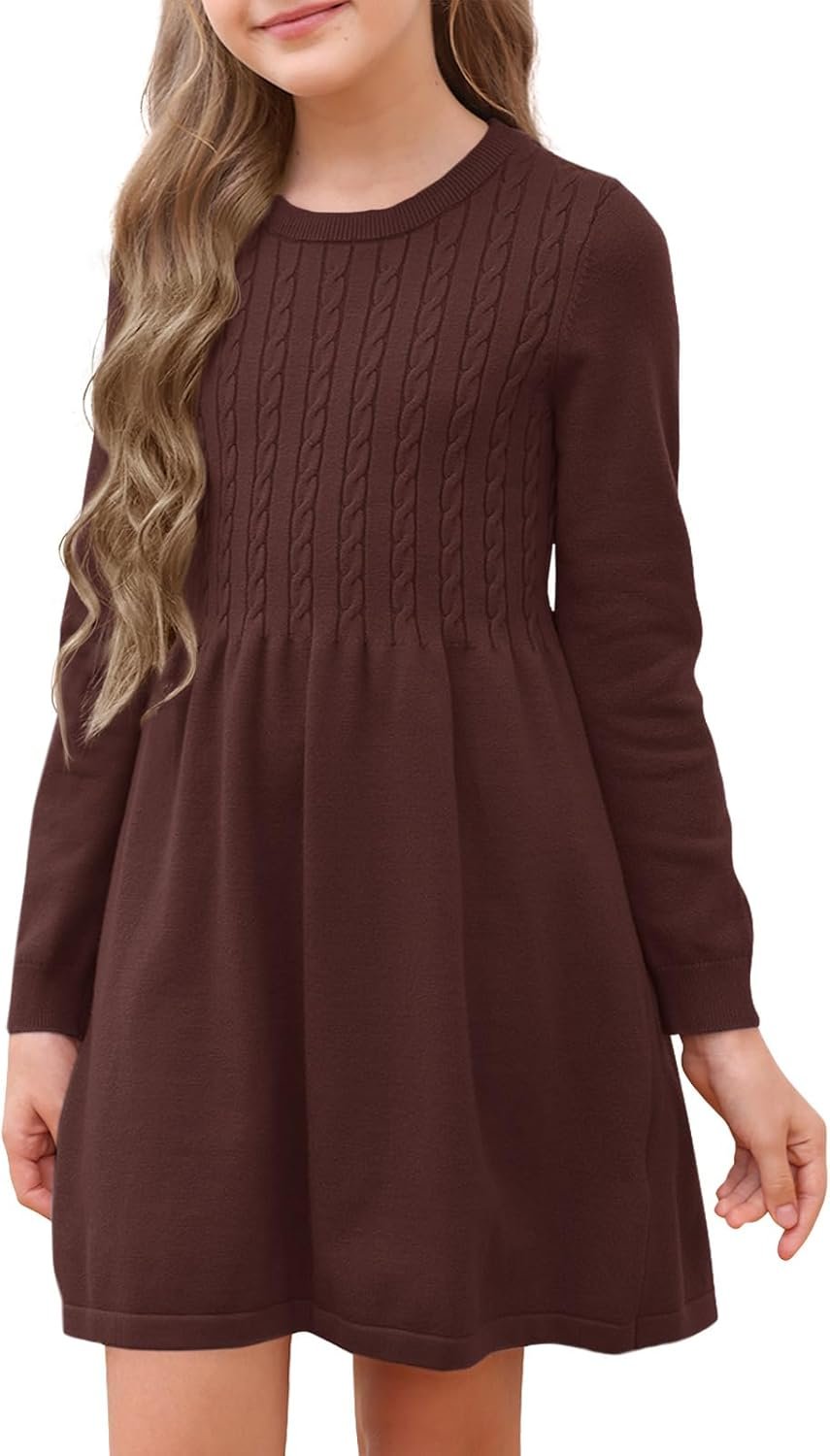 Girls Sweater Dress Kids Crew Neck Long Sleeve Cute Fall Winter Kintted Dresses for 4-14Years