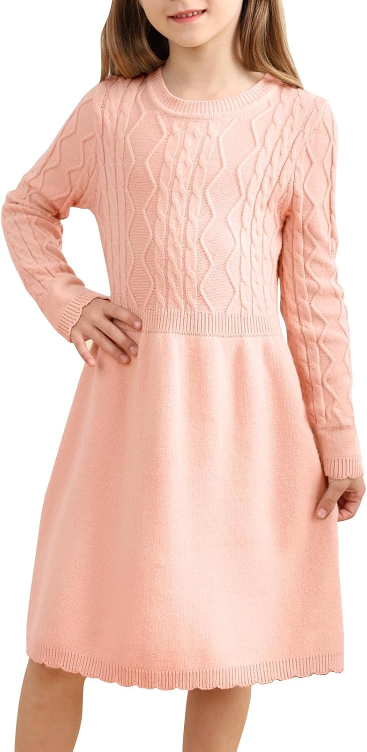 Girls Sweater Dress Crew Neck Long Sleeve Fall Winter Knit Dress for 4-11 Years