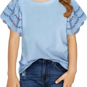 Girls Summer Shirts Crewneck Ruffled Short Sleeve Blouse Tops Size 6-15 Years