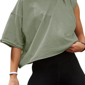 Women's Oversize Workout Crop Tops Casual Short Sleeve Drop Shoulder Boxy T-Shirts Roll Hem Basic Loose Yoga Running Tees