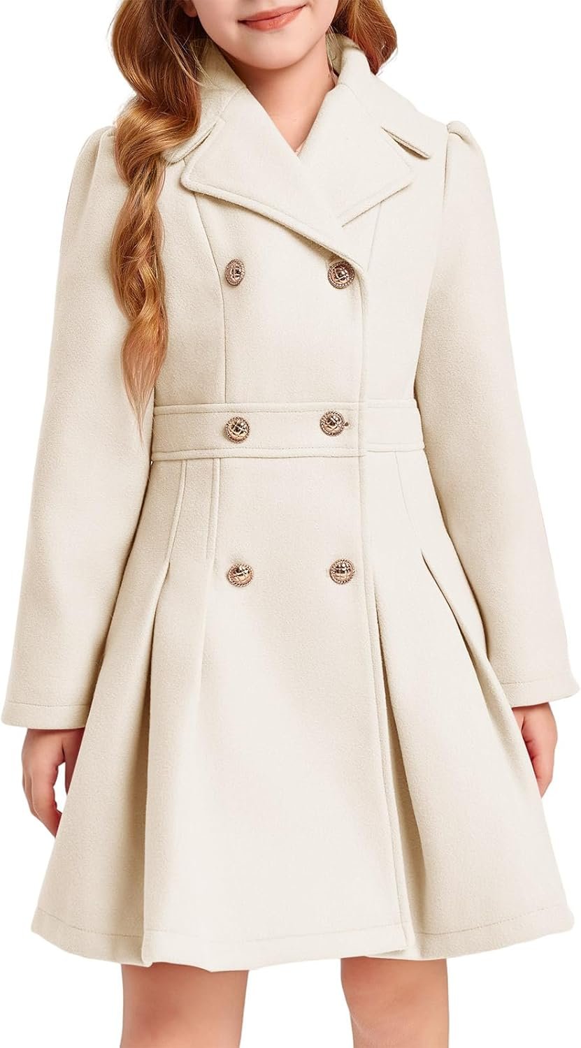 Girls Winter Dress Coat Button Peacoat Notch Lapel Double Breasted Outerwear with Pockets 5-14 Years