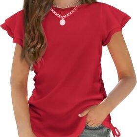 Girls T Shirts Ruffle Short Sleeve Ruched Knot Side Tunic Blouse Summer Tee Tops
