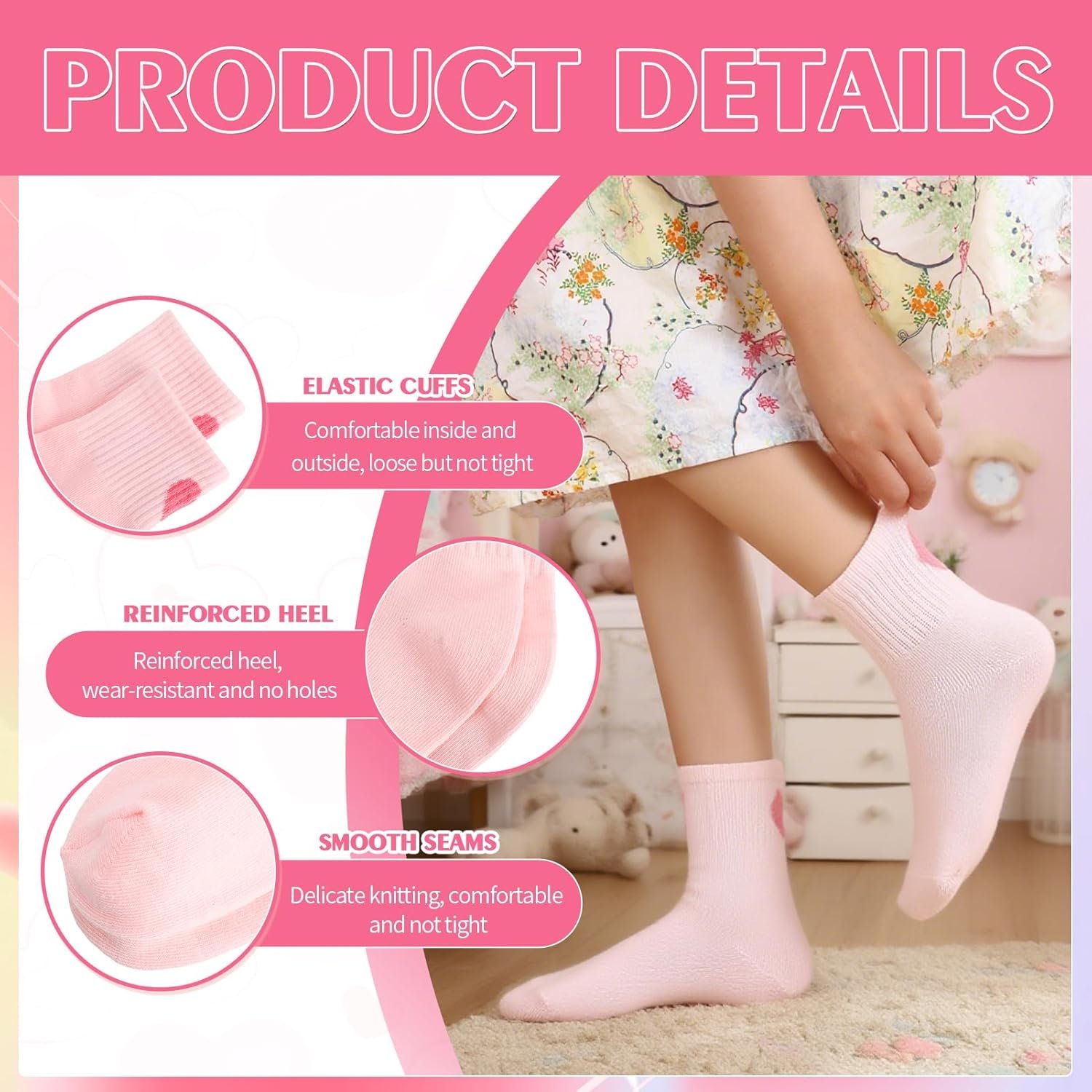 6 Pairs Kids Girls Pink White Crew Athletic Socks with Stripes Hearts,Casual Stretchy Socks for Girls and Boys - Image 2