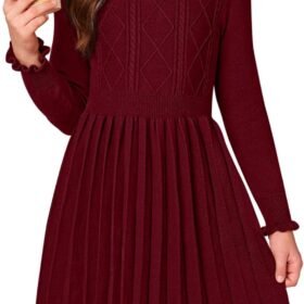 Girls Cable Knit Mock Neck Sweater Dress Fall Winter Long Sleeve Casual Dresses 5-14 Years