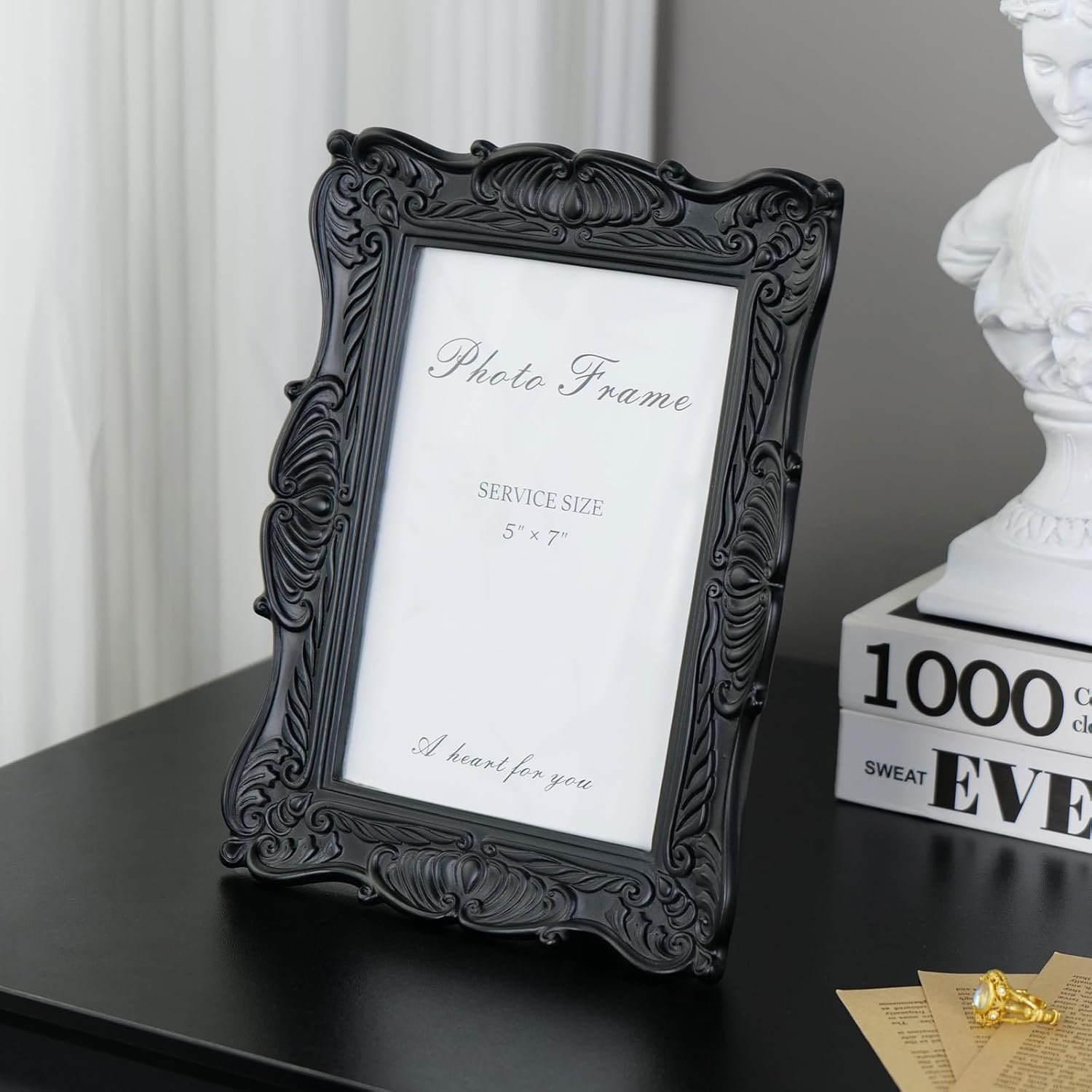 5x7 Black Picture Frame, Vintage Ornate Decorative Hand-Carved Resin Photo Frame with Detailed Design for Tabletop Display or Wall Hanging, Black Home Decor - Image 2