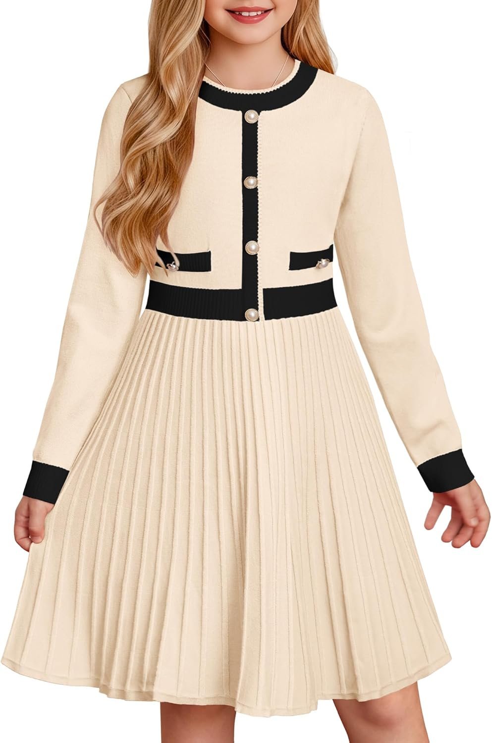 Girls Sweater Fall Dress Long Sleeve Knit A Line Contrast Casual Winter Dresses 6-14Y