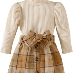 Toddler Baby Girl Fall Winter Skirt Set Turtleneck Ribbed Long Sleeve T-Shirt Top & Plaid Skirts Dress 2Pcs Outfits