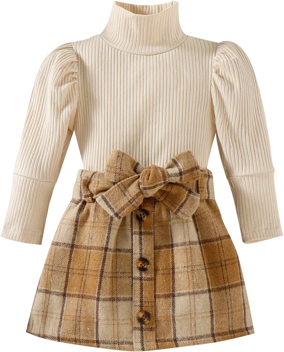 Toddler Baby Girl Fall Winter Skirt Set Turtleneck Ribbed Long Sleeve T-Shirt Top & Plaid Skirts Dress 2Pcs Outfits