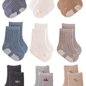 Baby Crew Socks,Grips Combed Cotton Socks Toddler Non-Skid for Girls,Boys Non Slip/Anti Skid 9-Pack