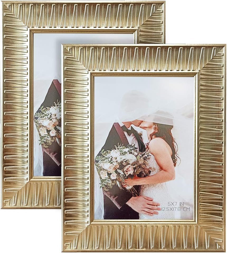 5x7 Gold Picture Frames Set of 2, Ornate Vintage Golden Photo Frames with Real Glass for Tabletop Display and Wall Mount for Wedding Decor