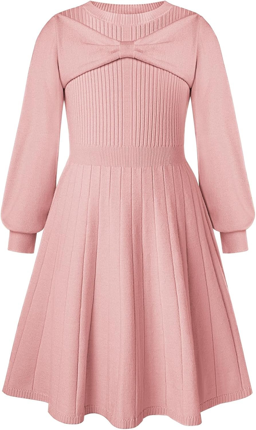 Girls Sweater Dress Bow Collar Pleated Skirt 6-14Y Back to School Outfit Knit Fall Winter Dress