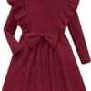 Girls Long Sleeve Ruffle Dresses Solid Ribbed Knit Fall Winter Dress for Toddler Casual Bowknot Dresses 2-6 Years