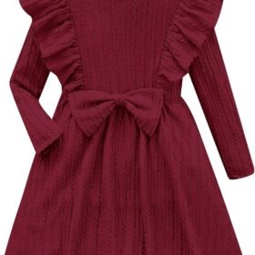 Girls Long Sleeve Ruffle Dresses Solid Ribbed Knit Fall Winter Dress for Toddler Casual Bowknot Dresses 2-6 Years
