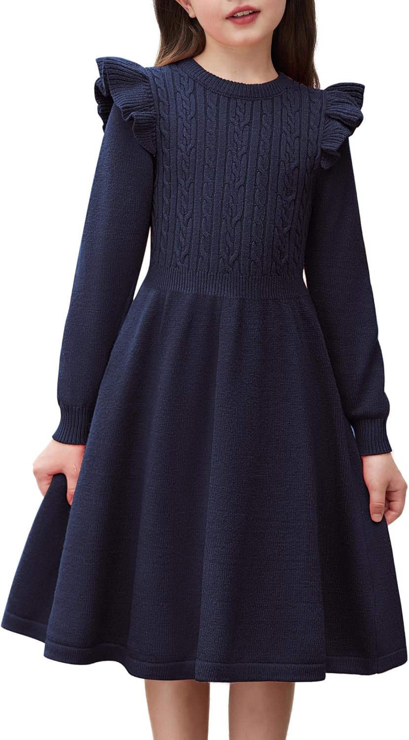 Girls Sweater Dress Fall Winter Lantern Long Sleeve Cable Knit Pullover Midi Dresses