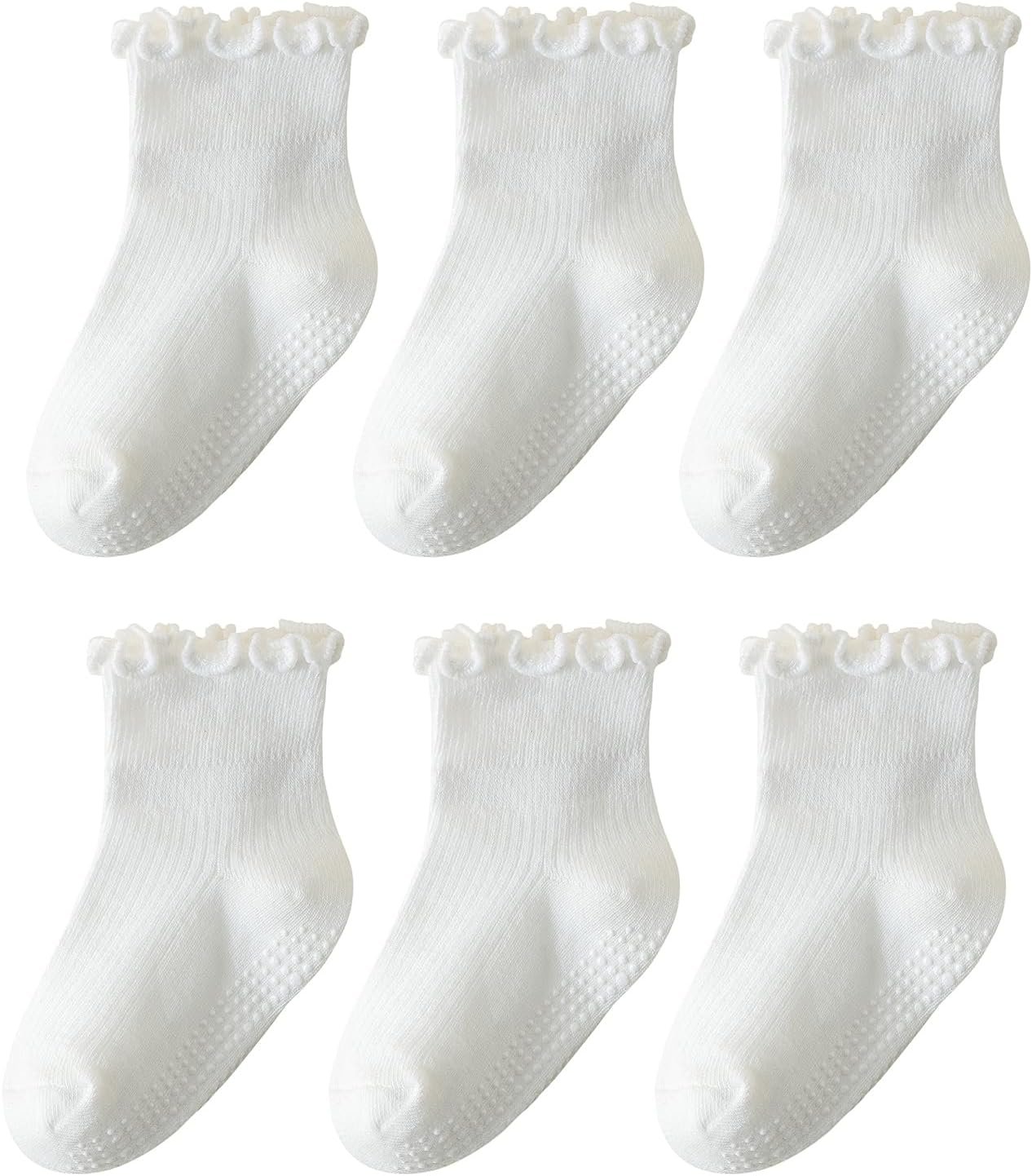 6 Pairs Toddler Ruffle Socks for Girls Baby Grip Socks Non Slip Socks Cute Grippy Frilly