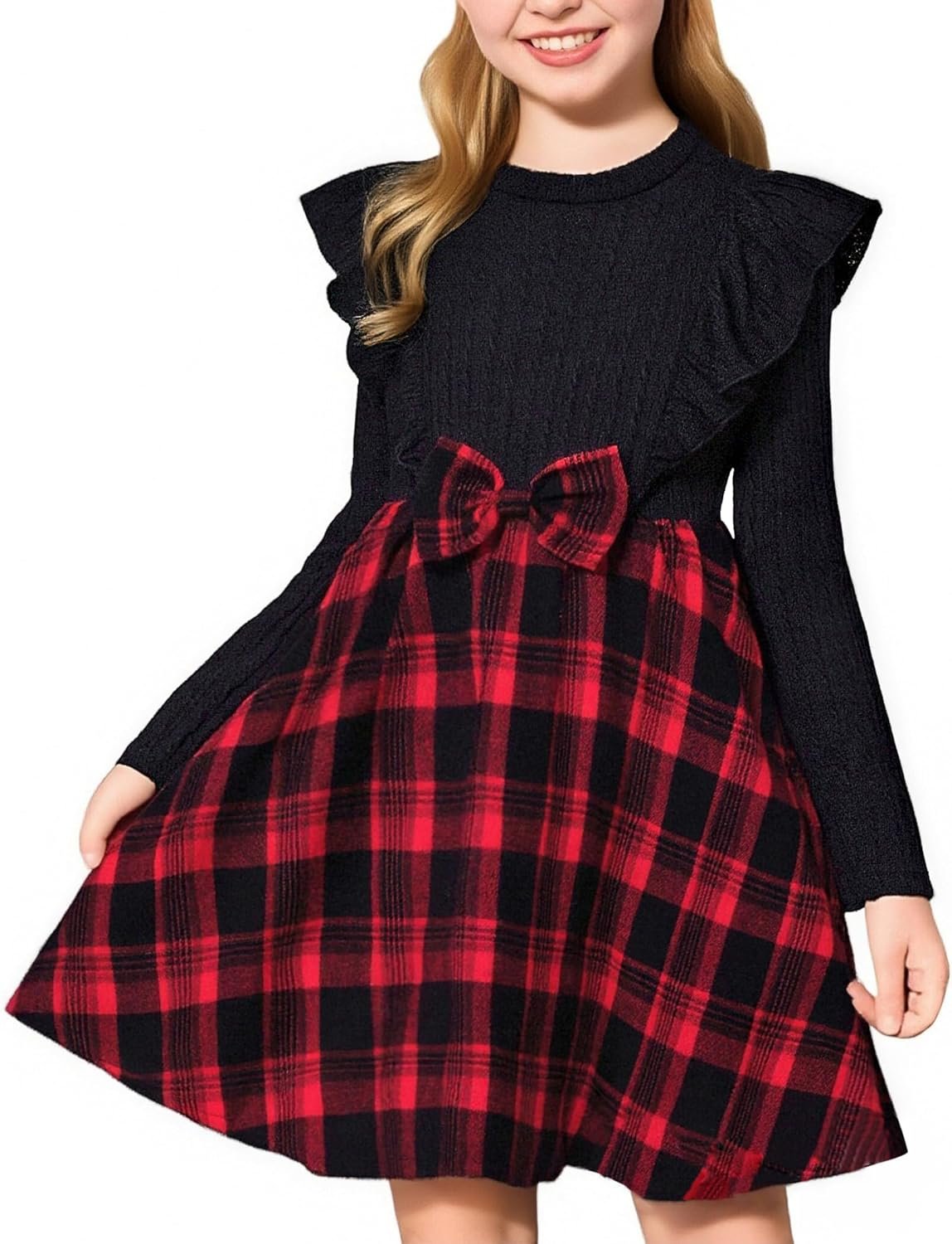 Girls Sweater Fall Dress Long Sleeve Knit Ruffle Sleeve A Line Casual Winter Dresses 4-14Y