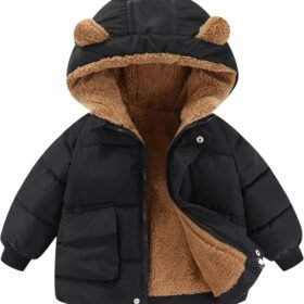 Toddler Winter Coat Boys Girls Down Jacket Hooded Fleece Warm Outwear 3D Ear Padded Puffer Jacket With Pockets 1-6Y