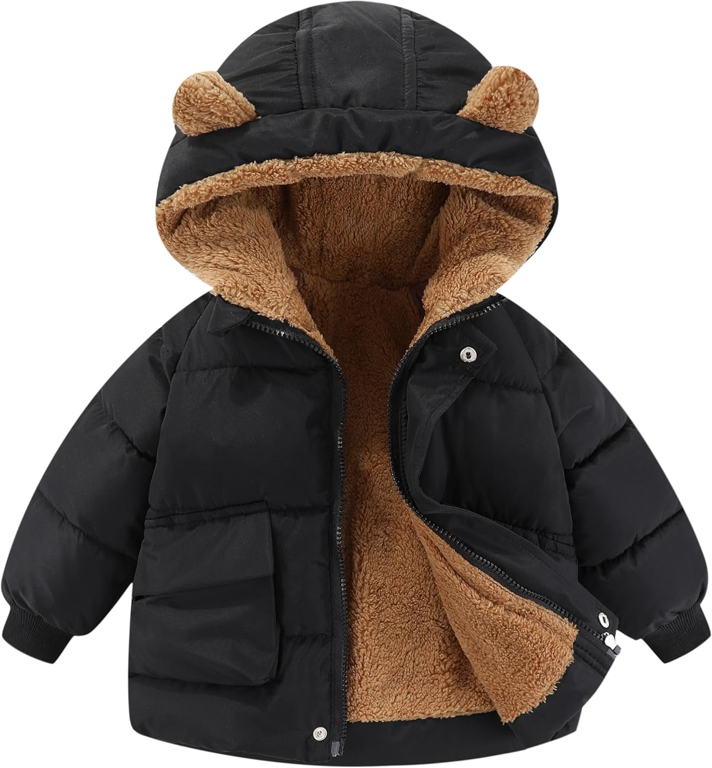 Toddler Winter Coat Boys Girls Down Jacket Hooded Fleece Warm Outwear 3D Ear Padded Puffer Jacket With Pockets 1-6Y