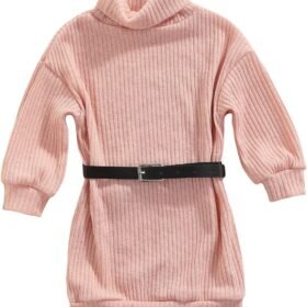 Toddler Baby Girl Outfits Turtleneck Knit Sweater Dress Kids Solid Ribbed Long Sleeve Dresses +Belt Fall Clothes