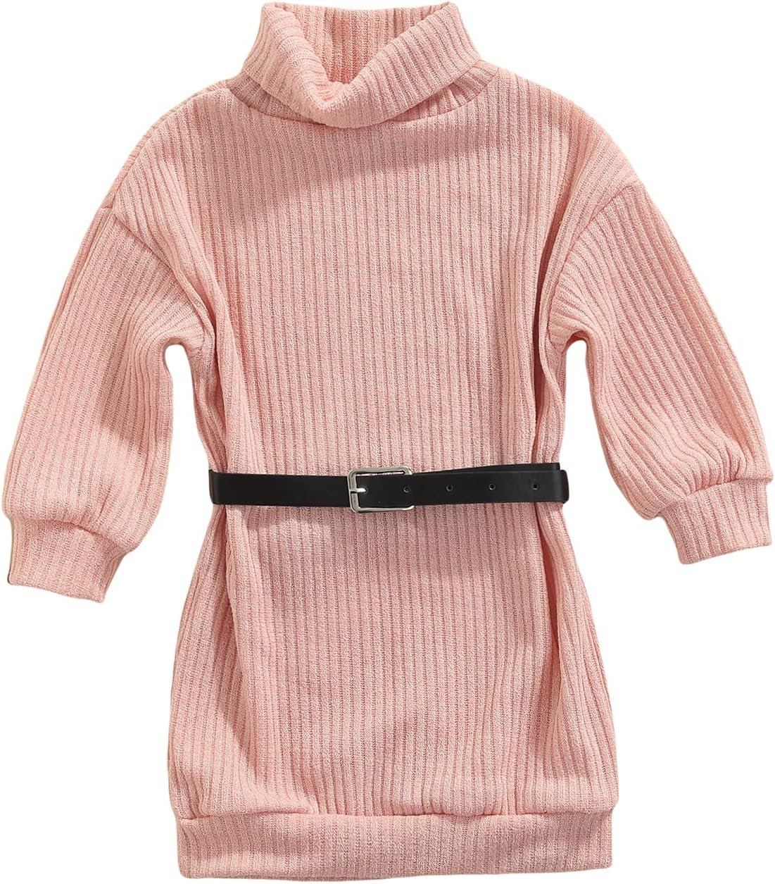 Toddler Baby Girl Outfits Turtleneck Knit Sweater Dress Kids Solid Ribbed Long Sleeve Dresses +Belt Fall Clothes