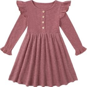 Toddler Girl Dress Girls Sweater Dresses Ruffle Long Sleeve Ribbed Knit Casual Fall Dresses for Kids 2-7 Years