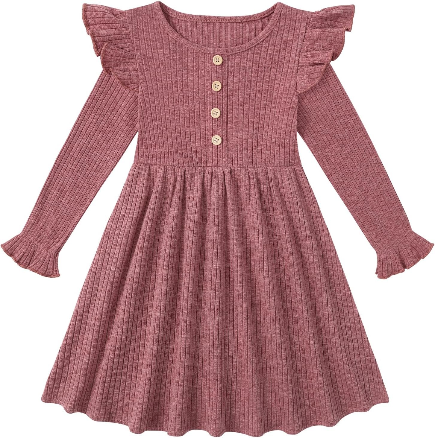 Toddler Girl Dress Girls Sweater Dresses Ruffle Long Sleeve Ribbed Knit Casual Fall Dresses for Kids 2-7 Years
