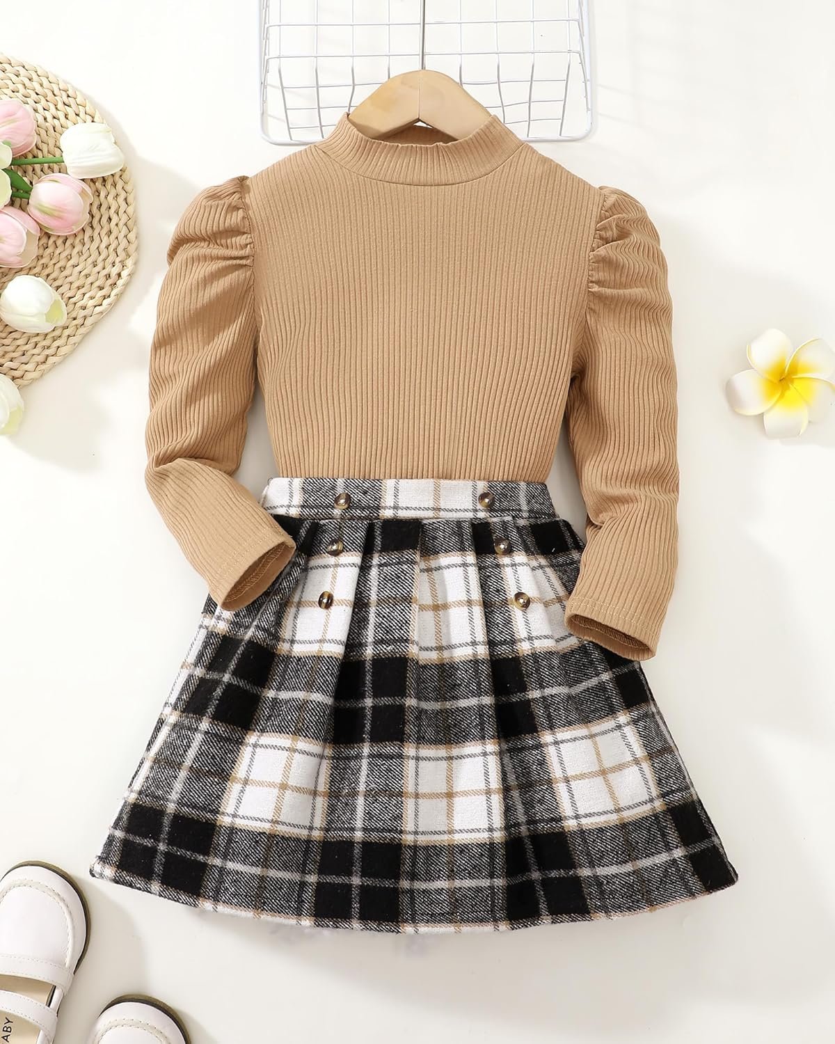 Toddler Baby Girl Fall Winter Clothes Long Sleeve Ribbed Shirt Top Corduroy Mini Skirt Plaid A-line Dress Outfit - Image 2
