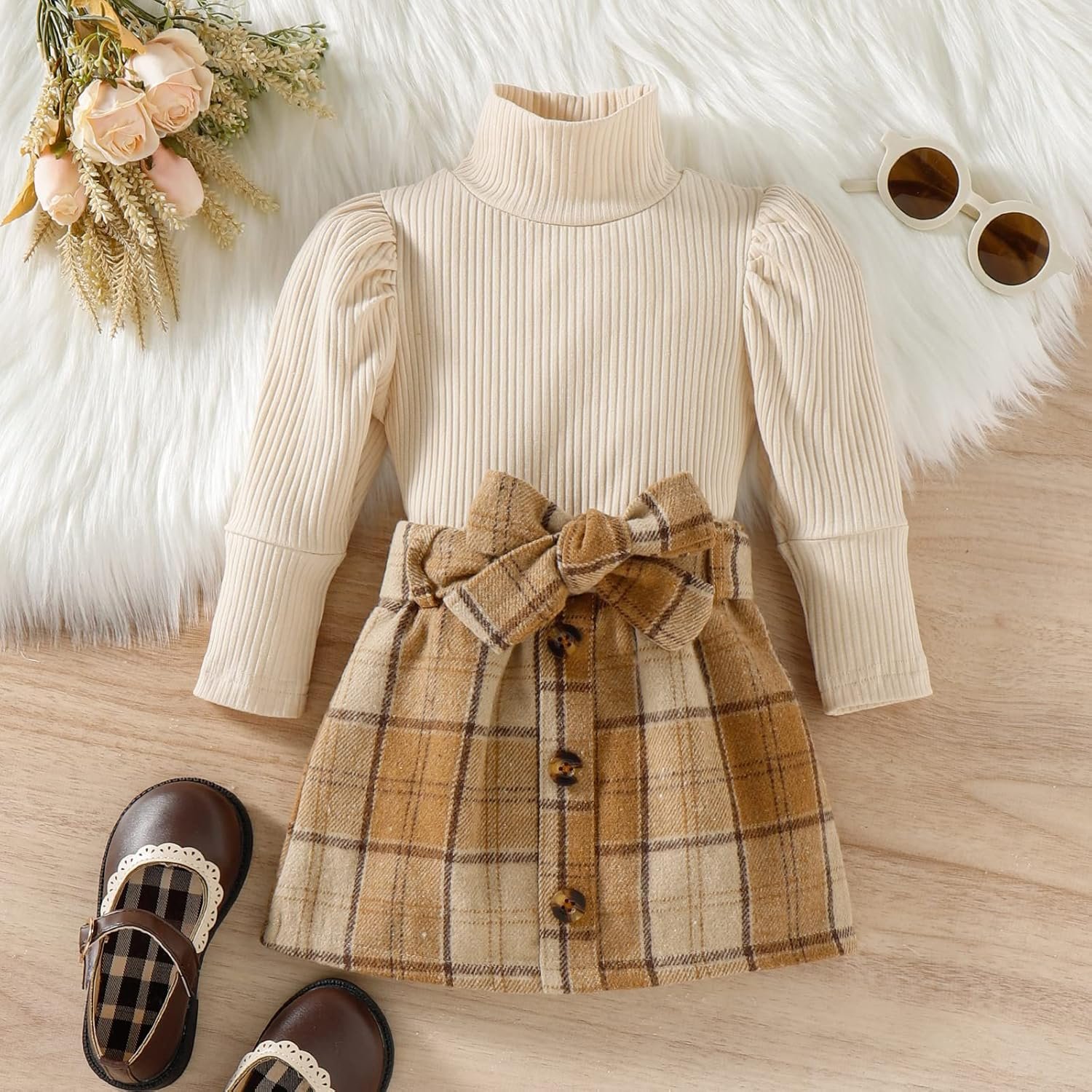Toddler Baby Girl Fall Winter Skirt Set Turtleneck Ribbed Long Sleeve T-Shirt Top & Plaid Skirts Dress 2Pcs Outfits - Image 2