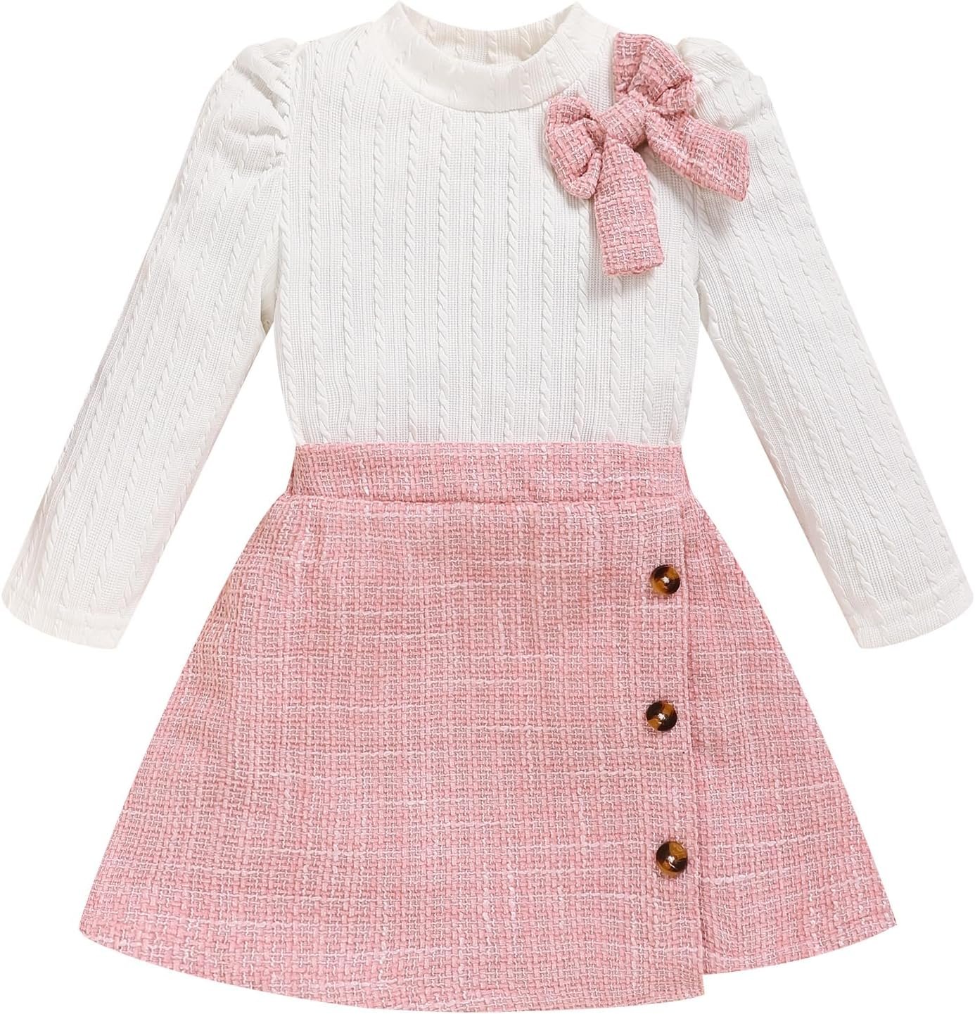 Toddler Girl Plaid Outfits Fall Winter Dress Knit Ribbed Bow Sweatshirt Tops and Button Fashion Skirts Set