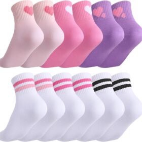 6 Pairs Kids Girls Pink White Crew Athletic Socks with Stripes Hearts,Casual Stretchy Socks for Girls and Boys