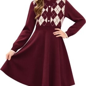 Girls Argyle Knit Sweater Dress Long Sleeve Fall Winter Christmas Dresses 6-14​Y