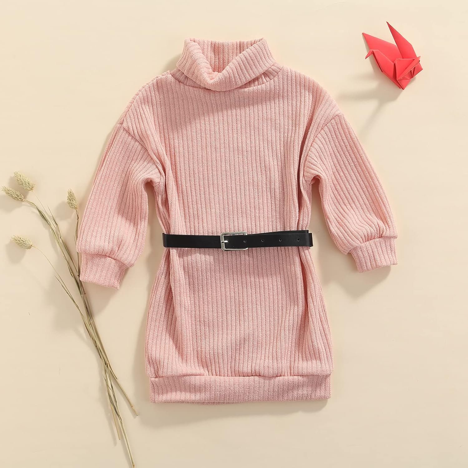 Toddler Baby Girl Outfits Turtleneck Knit Sweater Dress Kids Solid Ribbed Long Sleeve Dresses +Belt Fall Clothes - Image 2