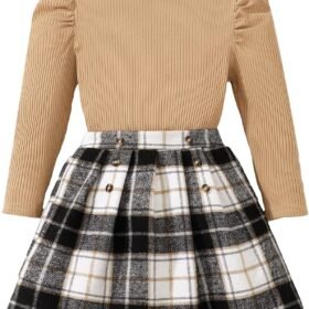 Toddler Baby Girl Fall Winter Clothes Long Sleeve Ribbed Shirt Top Corduroy Mini Skirt Plaid A-line Dress Outfit