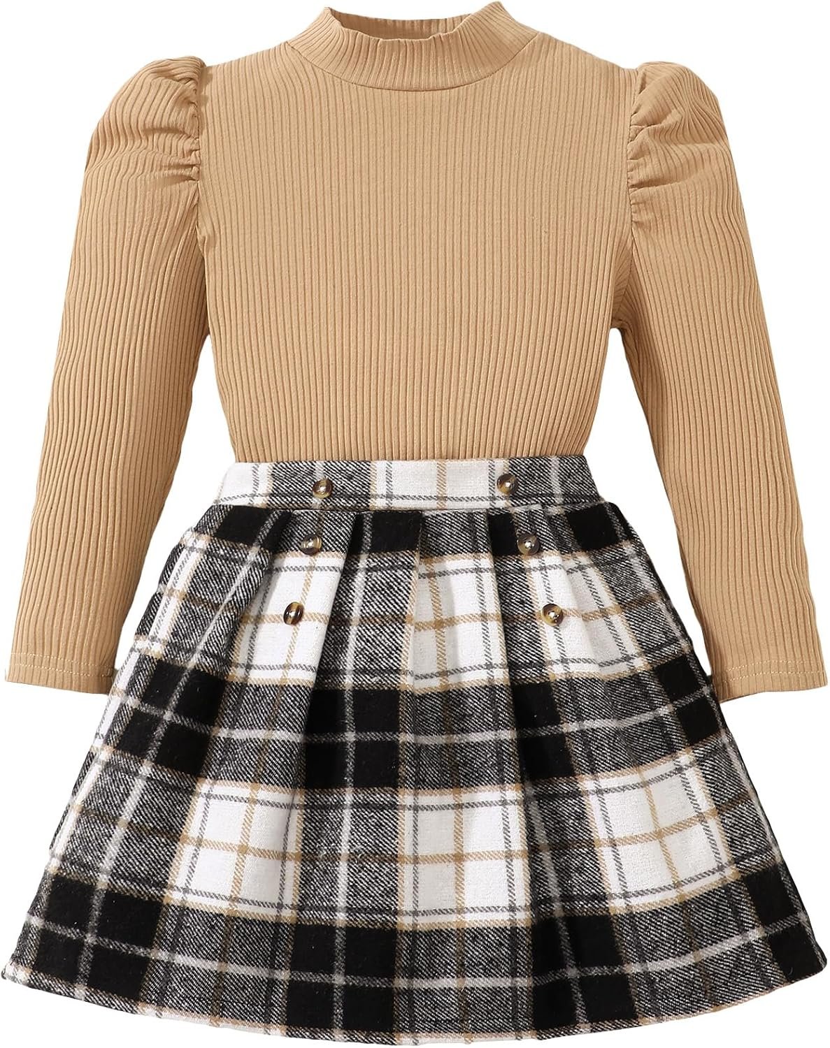 Toddler Baby Girl Fall Winter Clothes Long Sleeve Ribbed Shirt Top Corduroy Mini Skirt Plaid A-line Dress Outfit